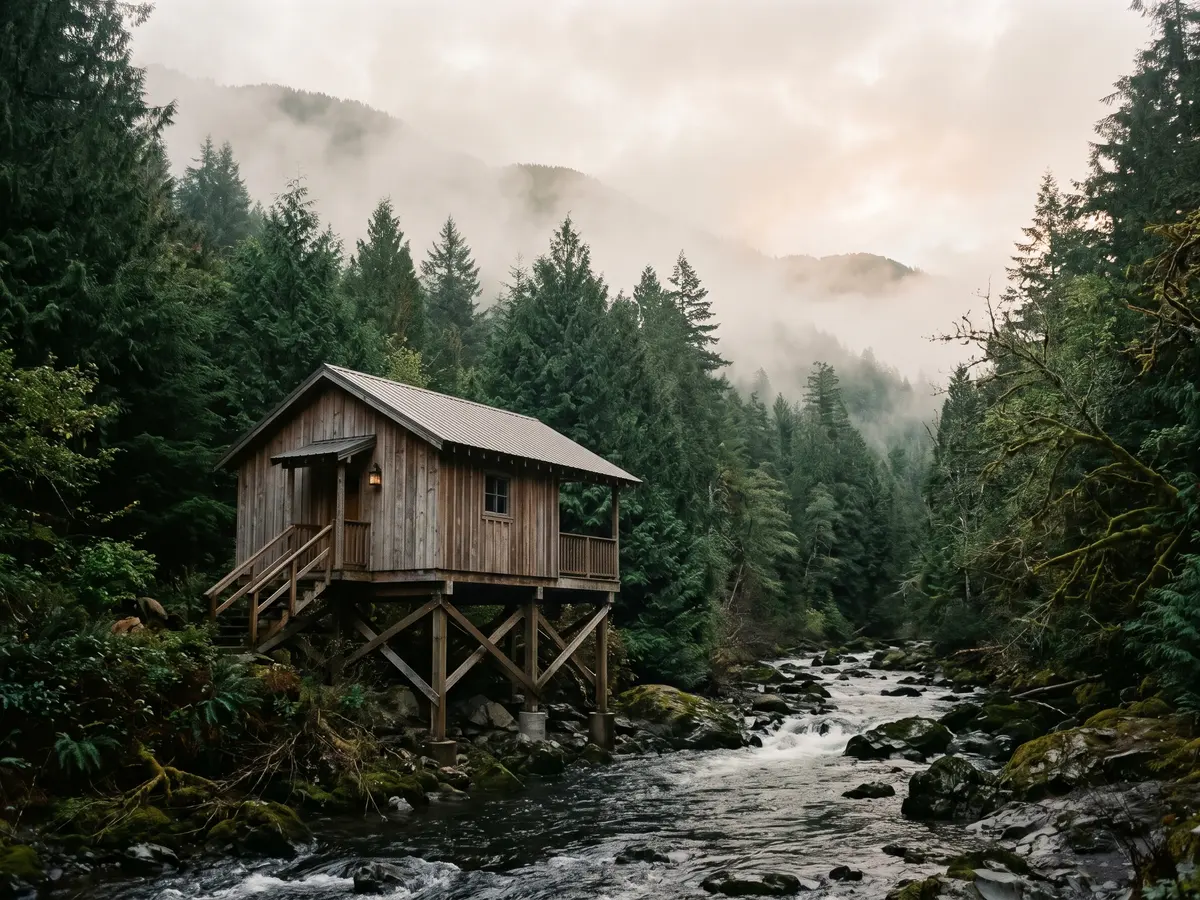 A small cedar cabin raised on stilts above a full creek in morning mist.