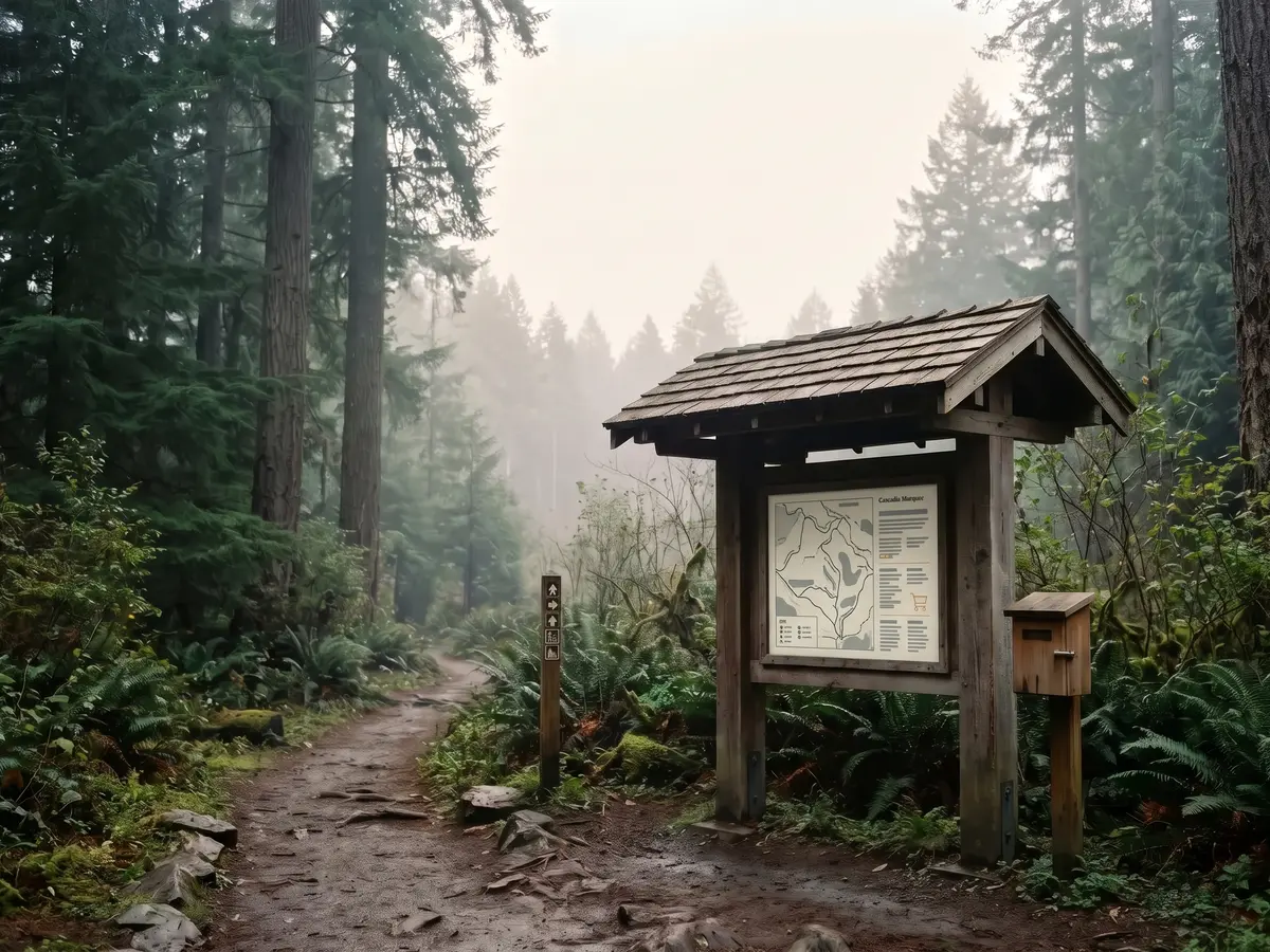 A cedar trailhead kiosk with a map board and trail register box beside a marked trail leading into misty old-growth forest.