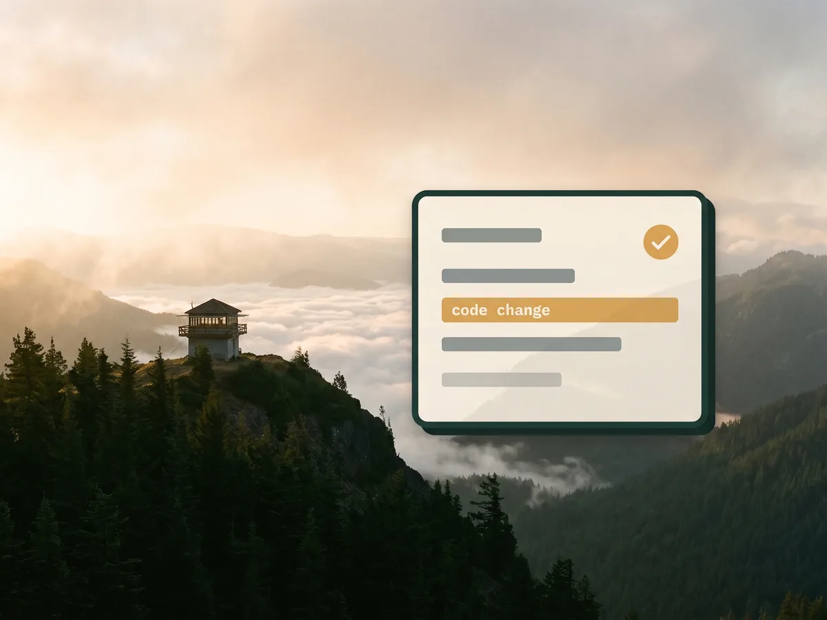 A fire lookout on a Cascade ridge above low clouds at golden hour, with an illustrated pull request card floating beside it.